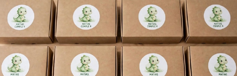 Cajas kraft con sticker personalizado de dinosaurio para el cumpleaños de Matías